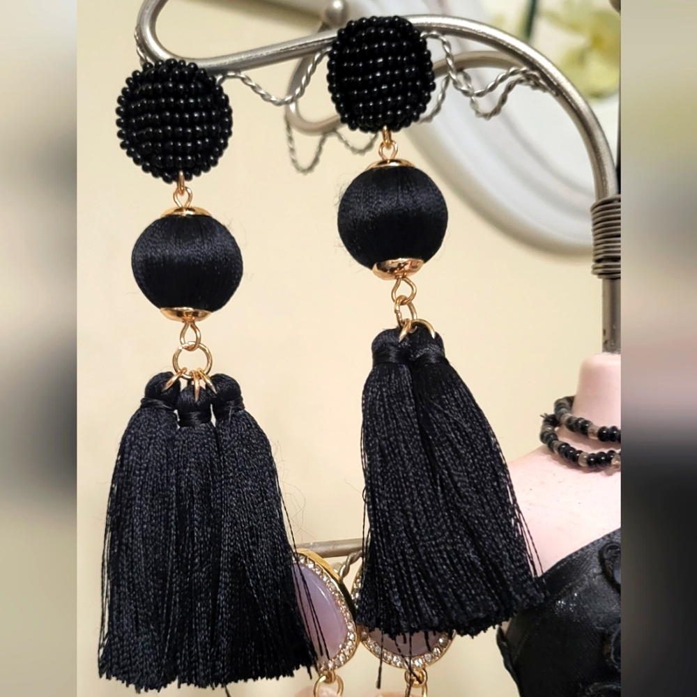Black and Gold Three-Tiered Statement Earrings